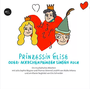 Gezeichnetes Bild, drei Köpfe vor einem roten Herz. Prinzessin, Prinz und Waldelf.