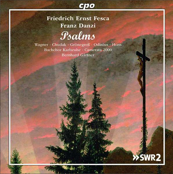 CD-Cover Fesca Psalmen, Jesus am Kreuz und zwei Tannen im Morgenrot, Ölgemälde
