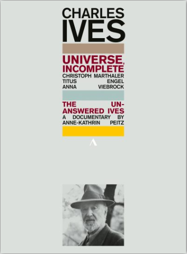 DVD-Cover, Text mit bunten Balken, dazu eine Portraitfotografie von Charles Ives